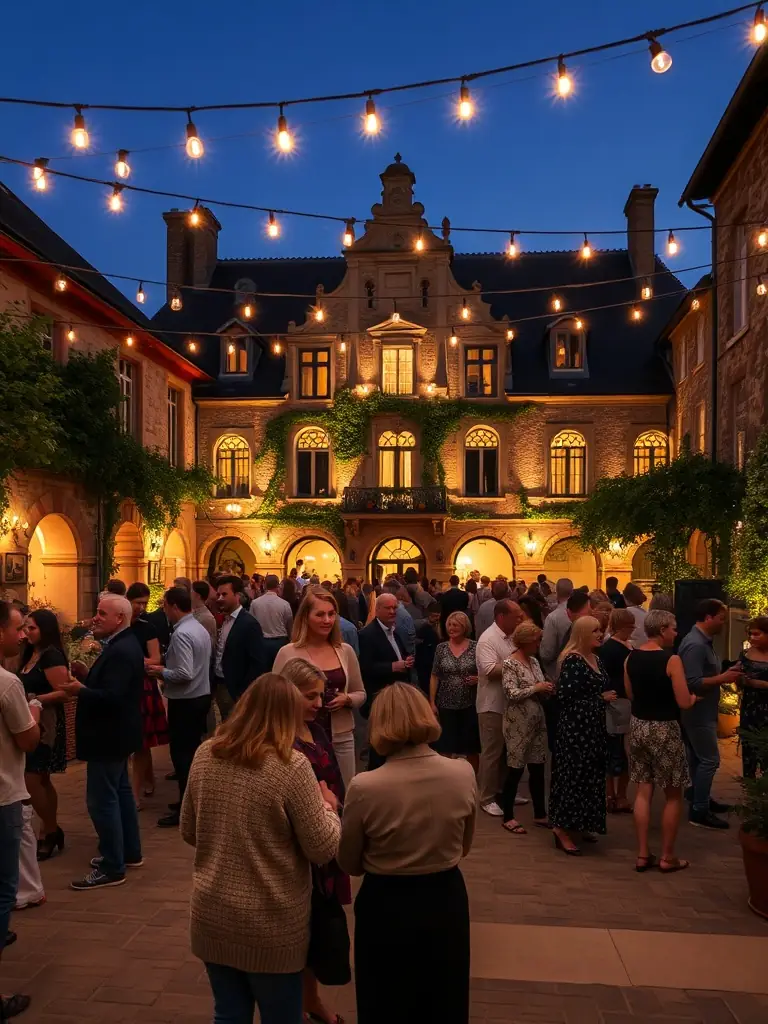 A photo of a fundraising event at Logis de Chalonne, showing attendees enjoying the atmosphere and supporting the association's mission.
