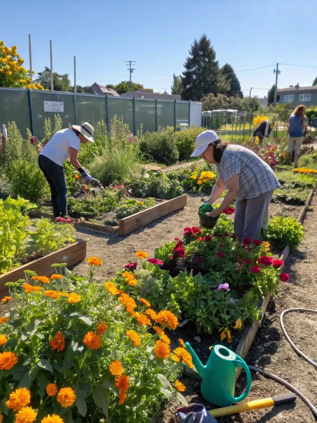 A photograph capturing volunteers participating in a garden restoration project at Logis de Chalonne, showcasing community involvement and the beauty of the landscape.