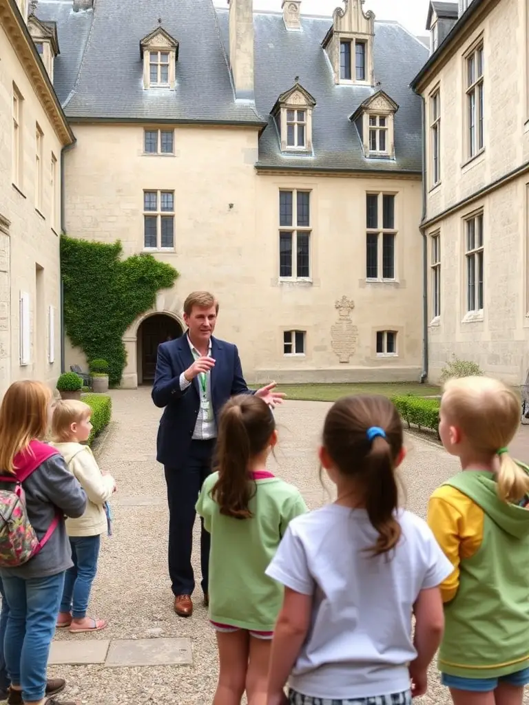 A group of children participating in an educational workshop at Logis de Chalonne, learning about the history and significance of the site.