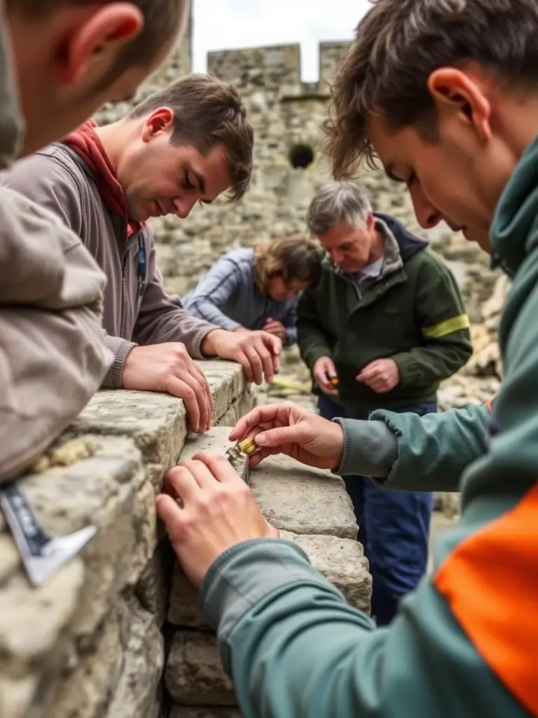 A photograph of volunteers working on the restoration of a stone wall at Logis de Chalonne, showcasing teamwork and dedication to preserving the historical structure.