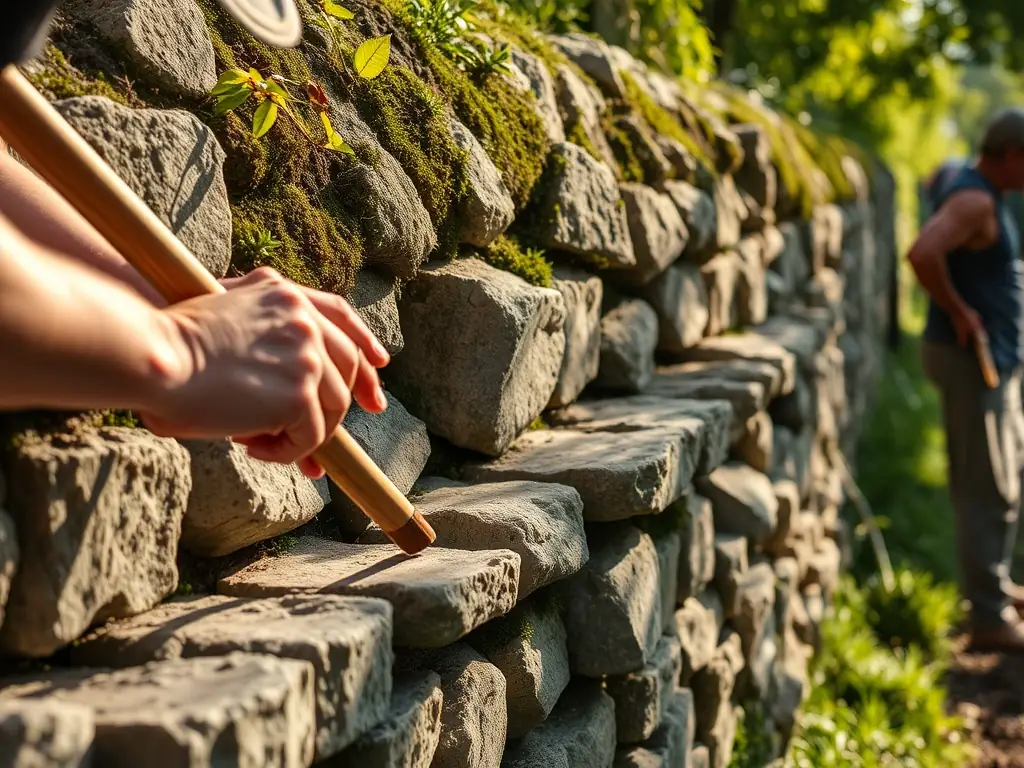 A group of volunteers working on restoring a section of the Logis de Chalonne's stone wall, showcasing the heritage conservation efforts.