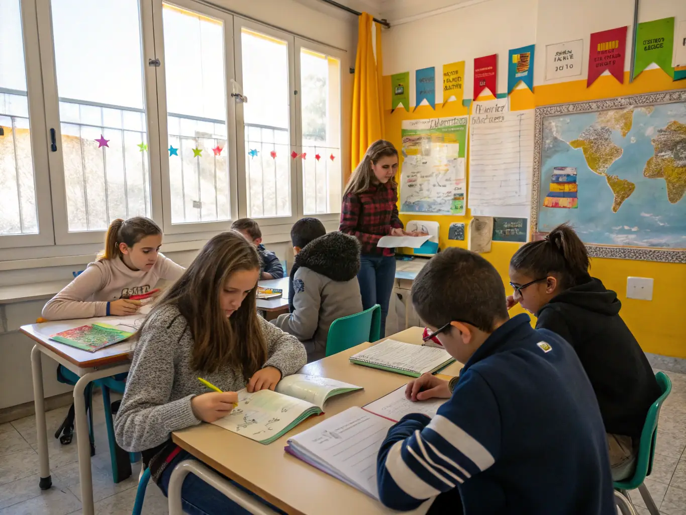 A classroom setting with children learning about the history of the Logis de Chalonne, emphasizing the educational programs.